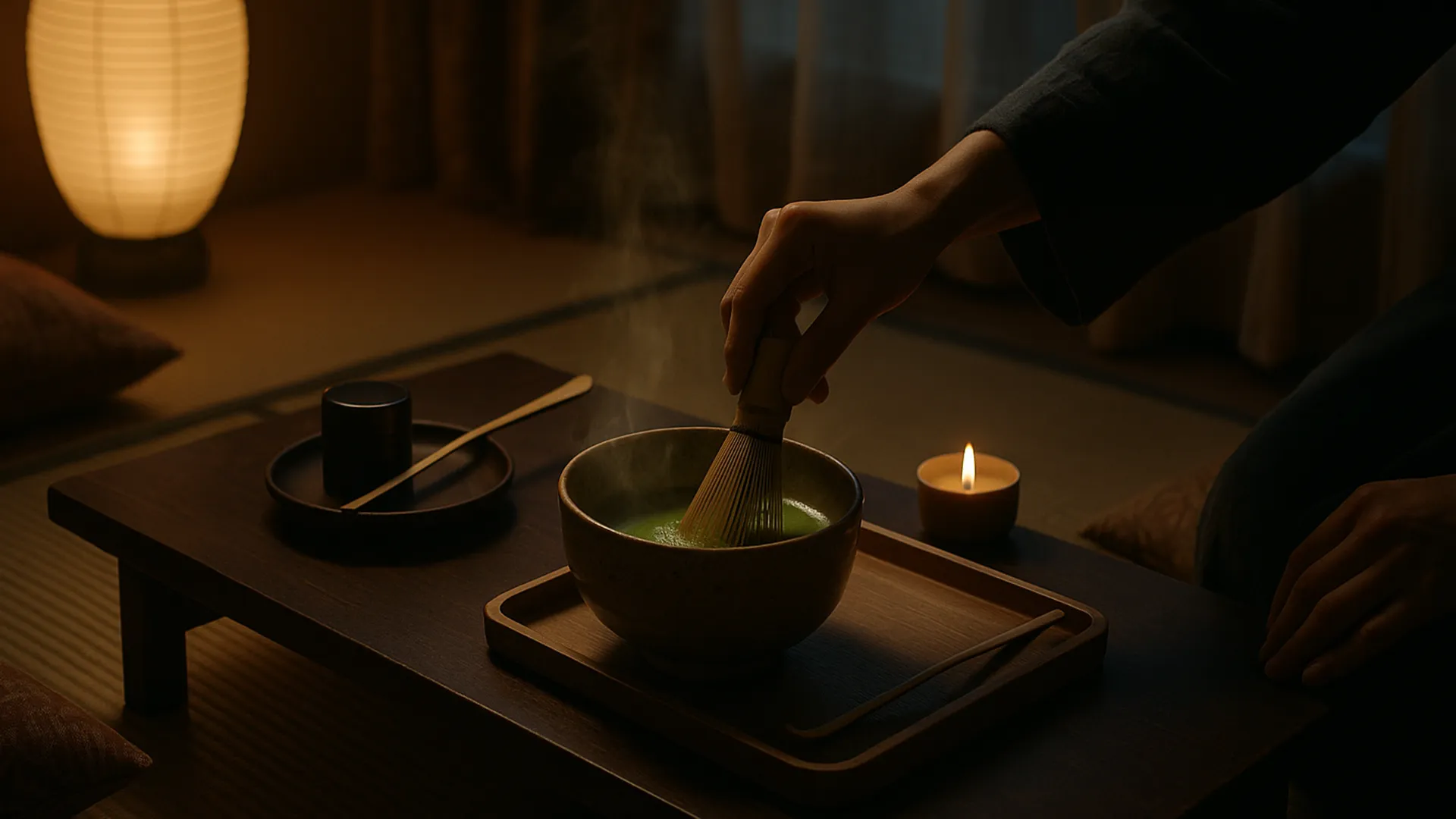 A matcha ceremony being prepared at Moon & Steam