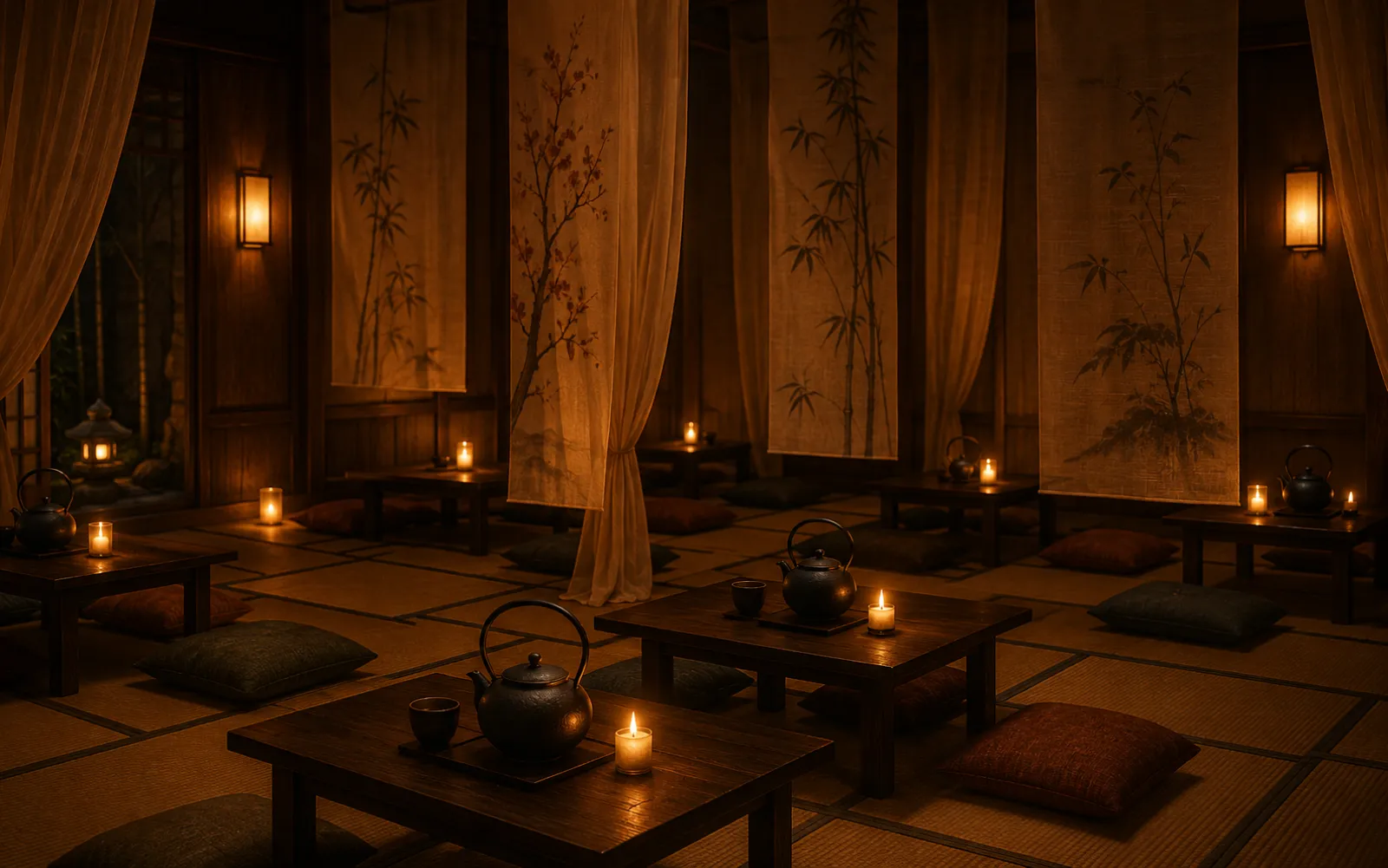 Concept render of the Moon & Steam tea lounge: candlelit low tables with cast-iron teapots, floor cushions, gauze curtains, and bamboo scrolls in an intimate, ink-dark room.